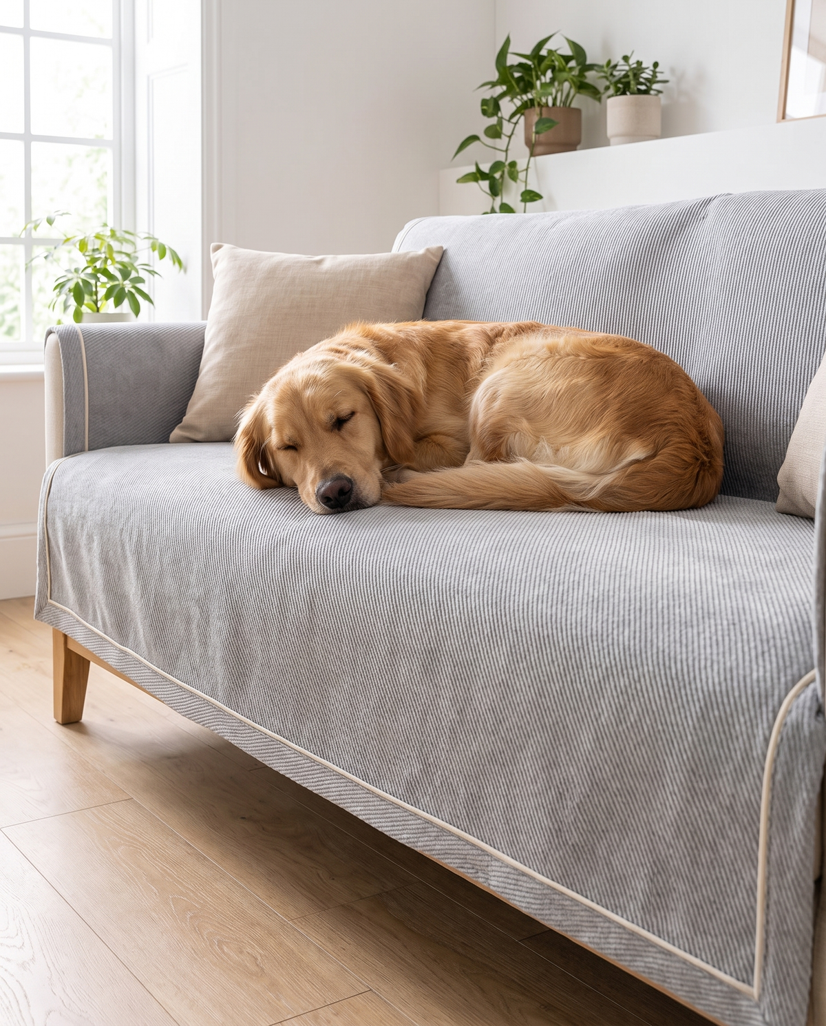Golden retriever sover på ett ljusgrått soffskydd i chenille