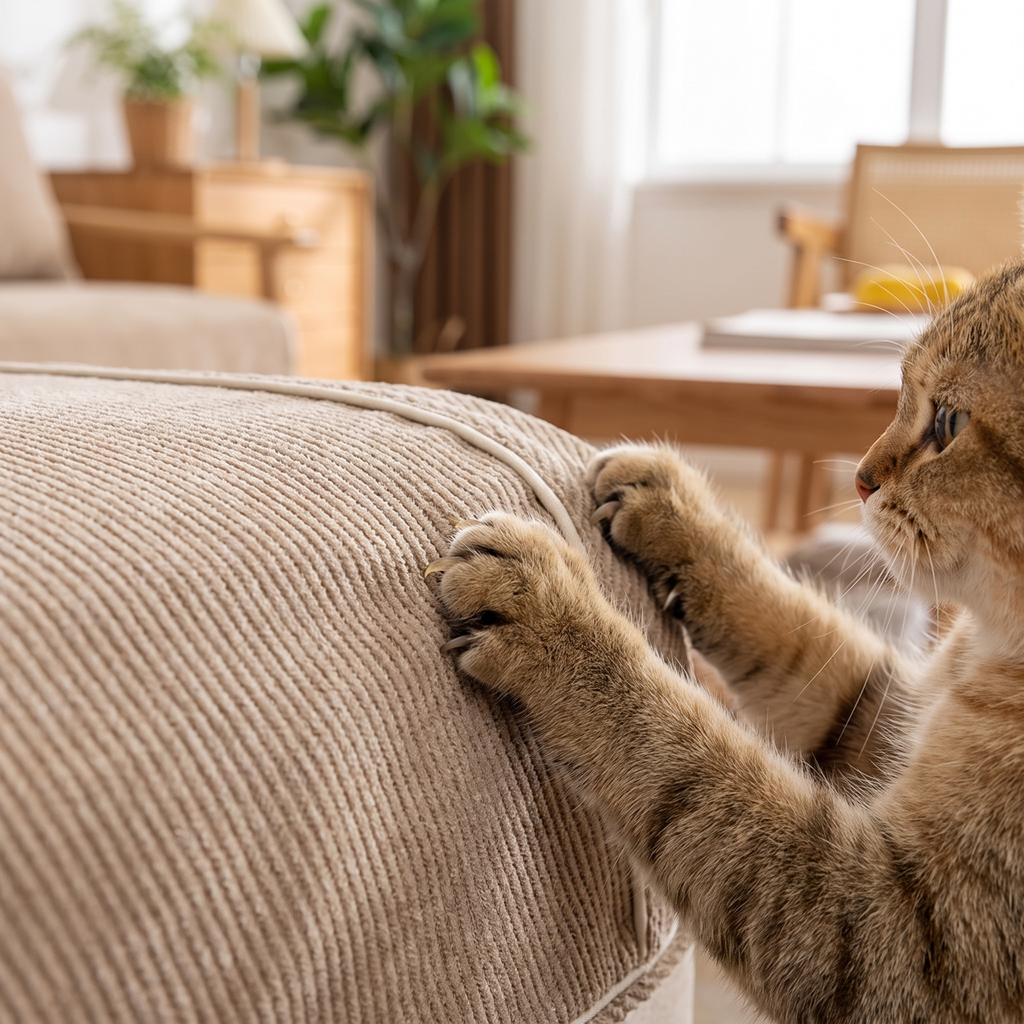 Katt klöser på ett sandbeige soffskydd i chenille