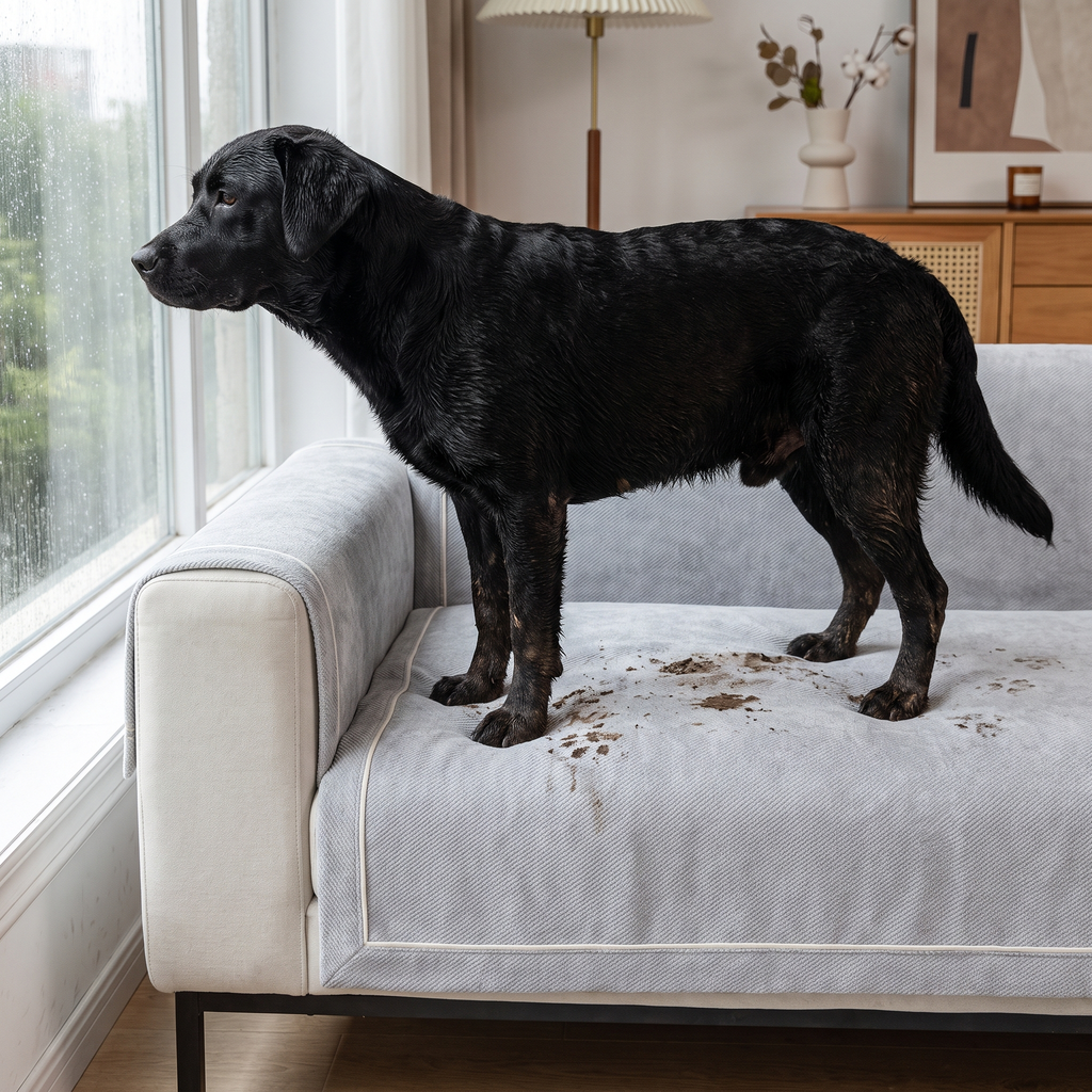 Labrador med leriga tassar står på soffskyddet