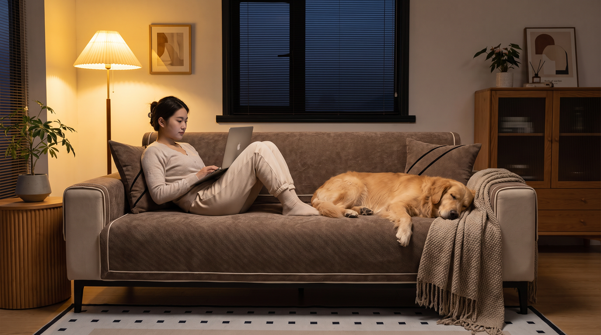 Kväll i soffan med hunden bredvid på ett kastanjbrunt soffskydd