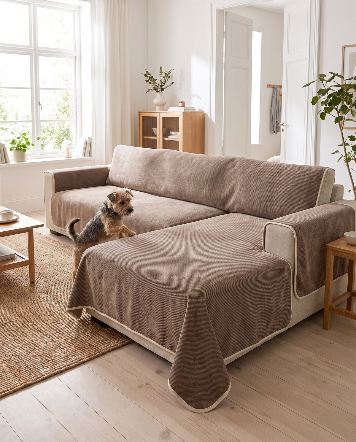 Hörnsoffa med schäslong täckt av två soffskydd i sandbeige