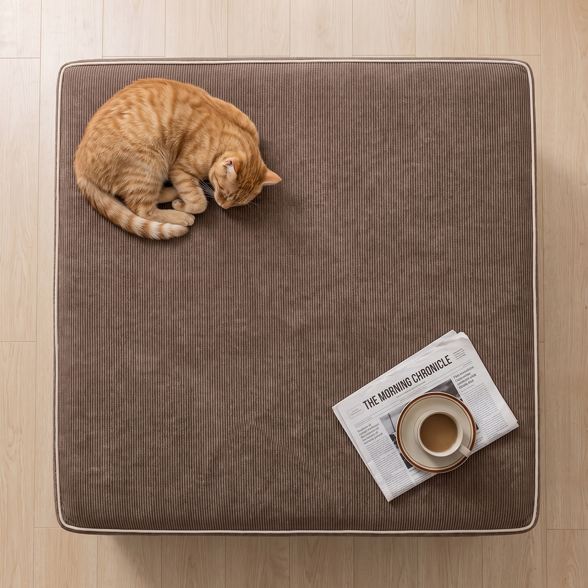 Soffskyddet ovanifrån med en katt, tidning och kaffekopp