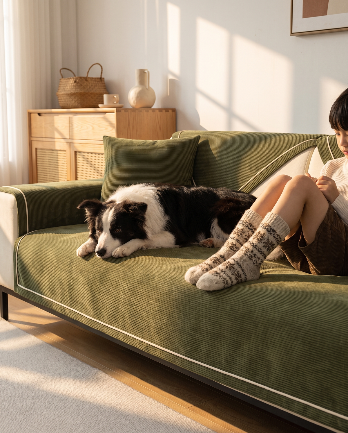 Barn och hund i soffan med olivgront soffskydd