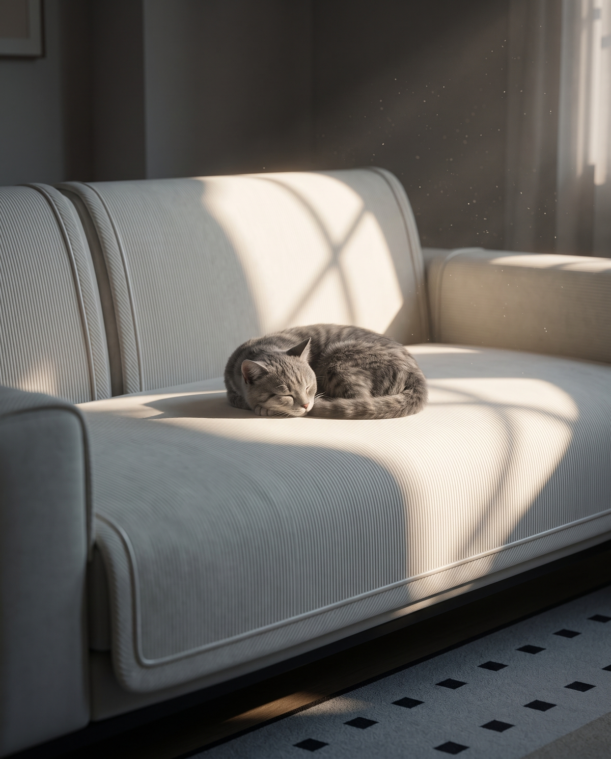 Katt sover pa soffskyddet i fonsterljus