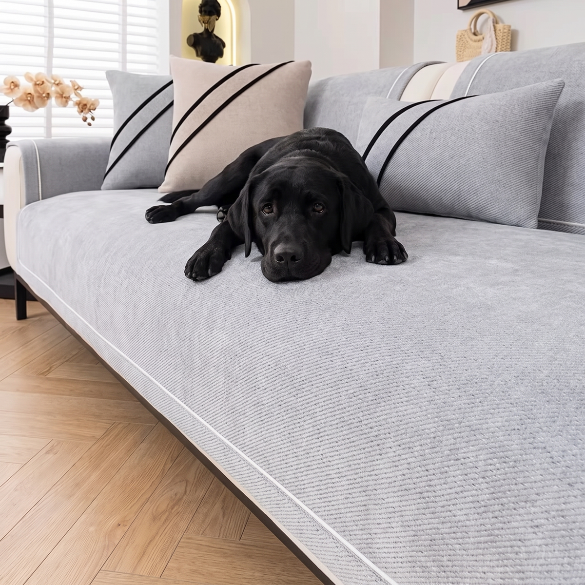 Svart labrador pa ljusgratt soffskydd